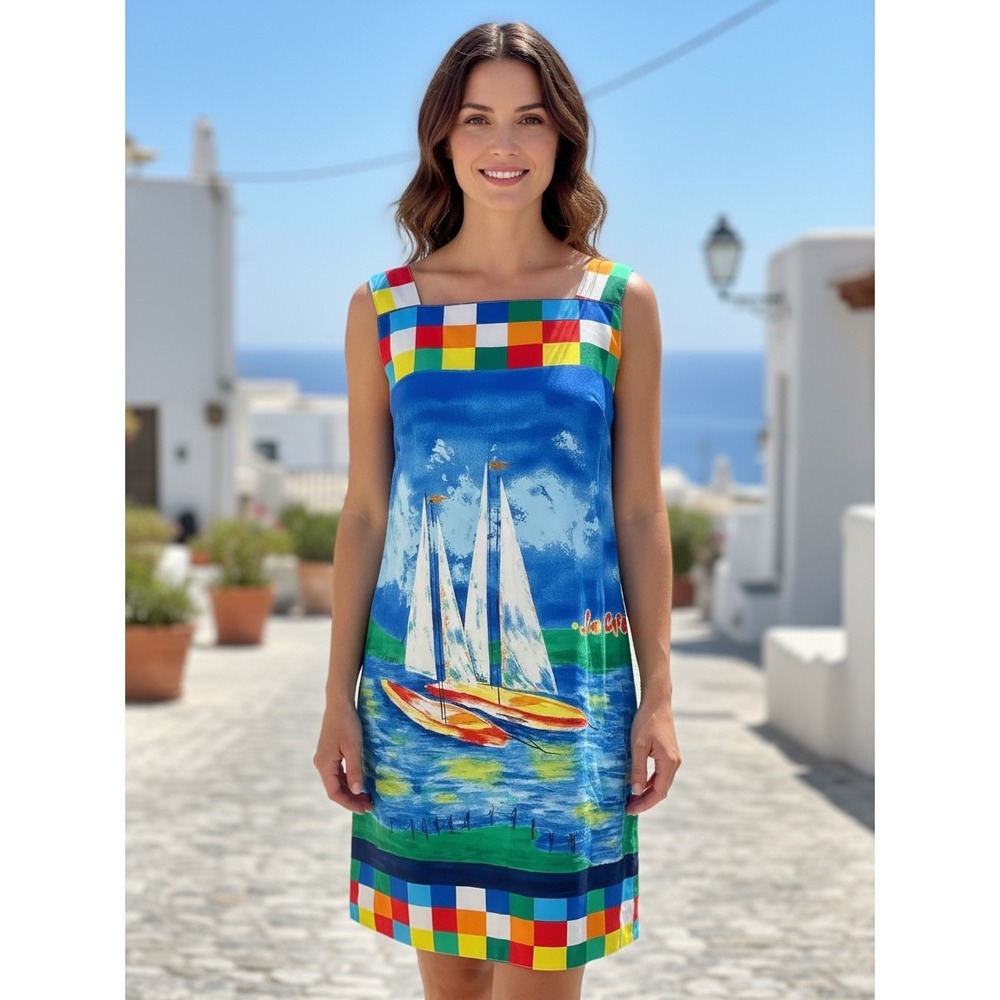 Vintage BREEZE Dorothy Schoelen Sailboat Dress 12 Nautical Art To Wear Italy